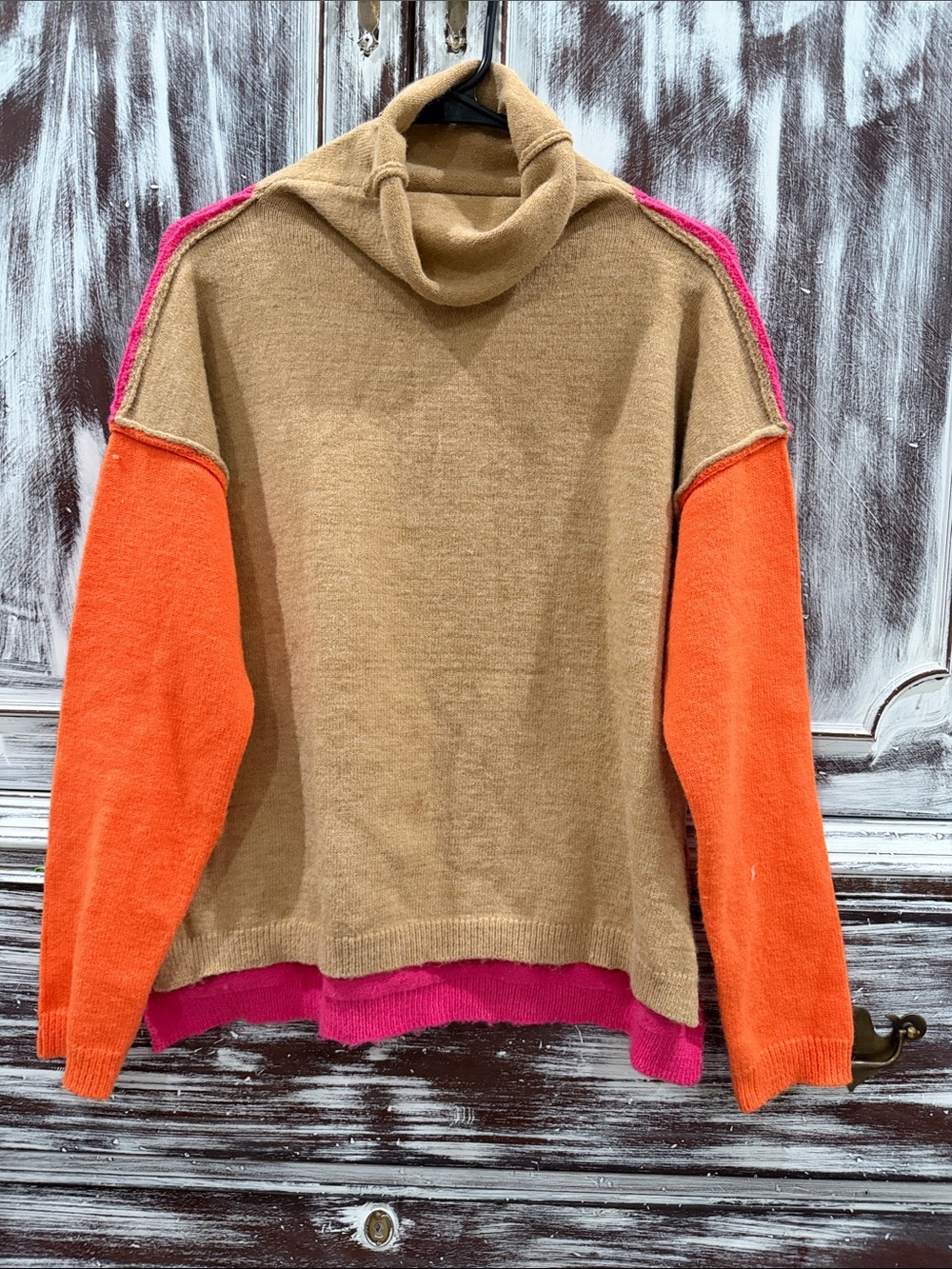 Colorblock Turtleneck Sweater in Tan, Orange & Pink